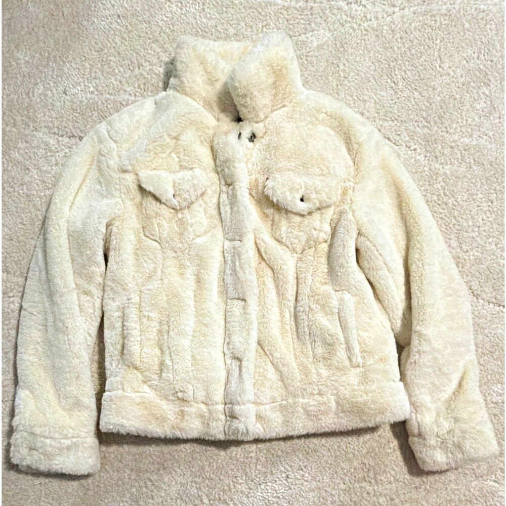 Levi Strauss & Co. Womens White Faux Fur Short Jacket Button Pockets Size M